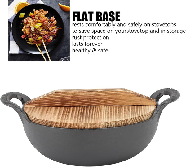 Cast Iron Wok with 2 Handle and Wooden Lid, Seasoned Cast Iron Wok Chinese Wok, Deep Frying Pan with Flat Base Uncoated for Stir Fry Grill Steam Authentic Asian Chinese Food (25Cm/9.8In)3