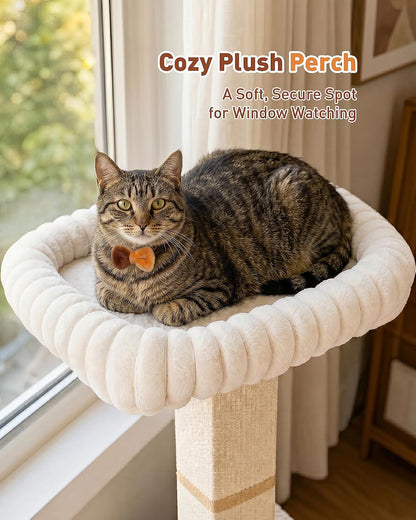 Morden Cat Scratching Post with Top Plush Bed for Indoor Cats | Removable & Washable Perch, Small Morden Cat Tree, Cat Tower with Scratch Post, Natural Sisal, White2
