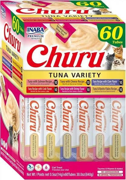 INABA Churu Cat Treats, Lickable, Squeezable Creamy Purée Cat Treat with Green Tea Extract & Taurine, 0.5 Ounces Each Tube, 40 Tubes, Tuna Variety Box28