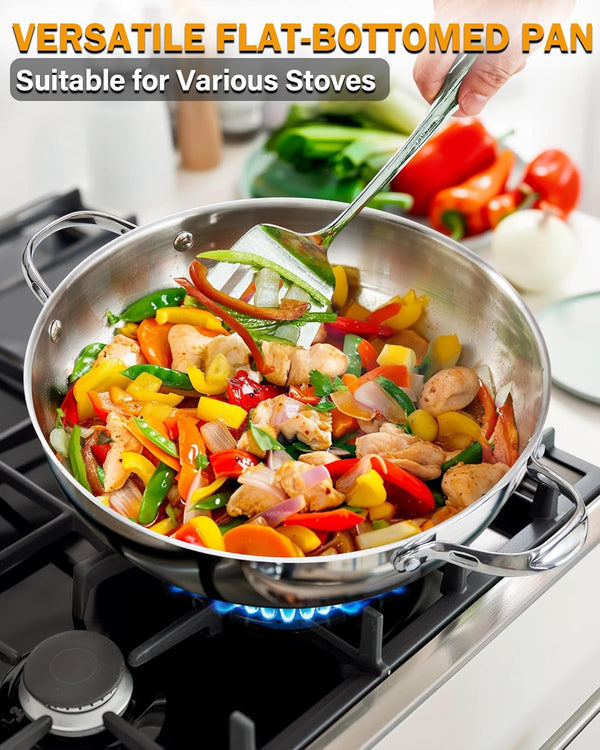 Classic 12-Inch Stainless Steel Wok Stir Fry Pan with Glass Lid, 30Cm Everyday Chef'S Pan with Two Side Handles, Induction Compatible Cookware, Dishwasher & Oven Safe5