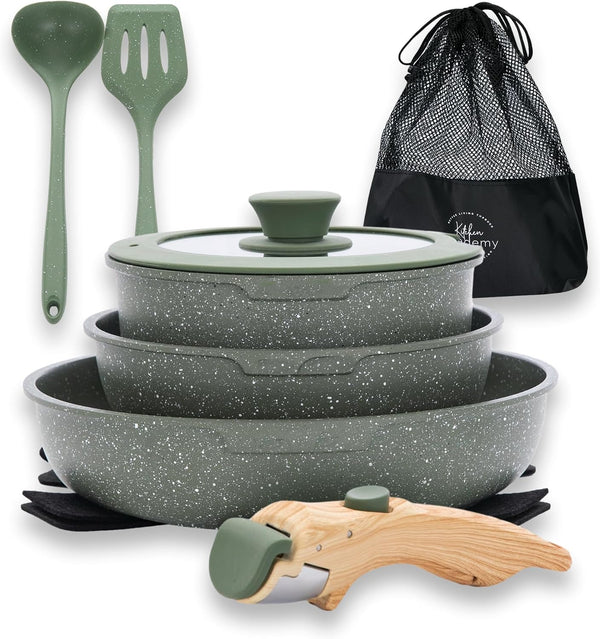 Detachable Handle Camping Pots and Pans Set Non Stick | Kitchen Induction Compatible, Green Granite Non-Toxic, Portable Stackable RV Cookware Set for Camper1