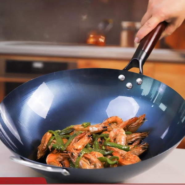 14 Inch Blue Carbon Steel Wok - Pre-Seasoned Flat Bottom Stir Fry Pan (5 Quart) - Heavy Duty Cookware for Induction & Gas Stovetops3