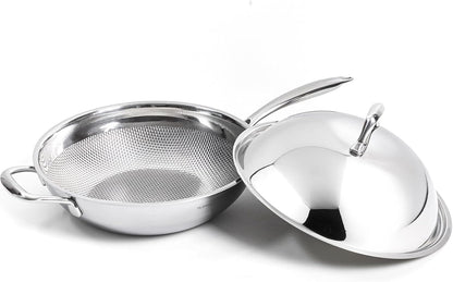 Honeycomb 3Ply Stainless Steel Wok Pan 11 Inch/28Cm with Lid Flat Bottom - Coating-Free Non-Stick Stir Fry Pan - Advanced, Scratch-Resistant Design with Stay-Cool Long Handle1