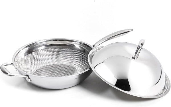 Honeycomb 3Ply Stainless Steel Wok Pan 11 Inch/28Cm with Lid Flat Bottom - Coating-Free Non-Stick Stir Fry Pan - Advanced, Scratch-Resistant Design with Stay-Cool Long Handle1