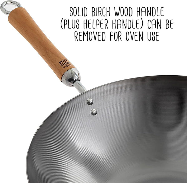 JOYCE CHEN Classic Series 14-Inch Uncoated Carbon Steel Wok Set with Lid and Birch Handles, 4 Pieces6
