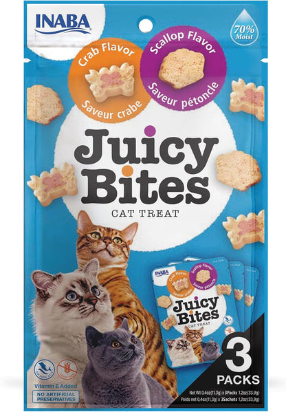 INABA Juicy Bites Grain-Free, Soft, Moist, Chewy Cat Treats with Vitamin E and Green Tea Extract, 0.4 Ounces per Pouch, 9 Pouches Total (3 per Bag), Scallop and Crab Flavor9