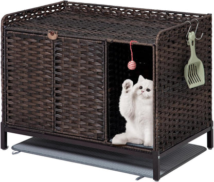 SETVSON Cat Litter Box Plant Furniture Enclosure, Rattan PE House, Natural | Decorative Planter Design, Removable Top for Easy Cleaning, Includes Artificial Plants, Real Stones, 20 X 20 Inches10