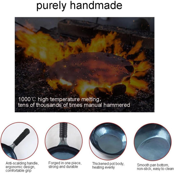 Stir Fry Pans,Chinese Handhammered Iron Woks，Mirror Flat Bottom Pot，No Coating Non-Stick, Suitable for All Kinds of Stoves (Diameter 34Cm/13.38In)3