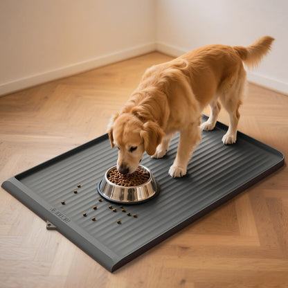 Dog Food Mat 36"X24", Waterproof Dog Bowl Mat, Grey | Raised Edges Prevent Spills, Diversion Grooves, Waterproof Surface, Non-Slip Backing, Easy to Clean1