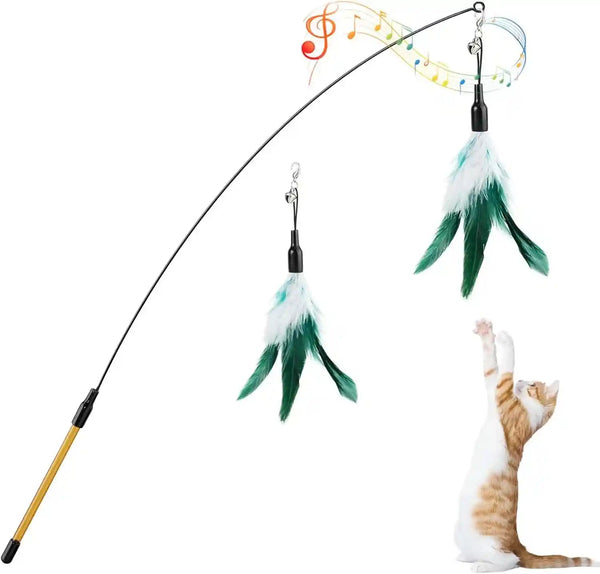 Pawaboo Feather Teaser Cat Toy - Interactive Wand with Extra Long 34.5" Wand and Small Bell, Fun Exerciser Playing Toy for Kittens or Cats, Brown Feather12