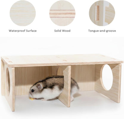 Hamster Peep Tunnel, 2-Chamber Wooden Hamster Hideout, Water-Resistant Platform for Dwarf Hamsters and Small Pets, 8.3" X 4.3" X 3.1"6