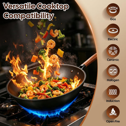 13'' Carbon Steel Wok, 12 Piece Wok Pan & Stir-Fry Pans Set with Lid | No Chemical Coated Flat Bottom Chinese Wok Pan5