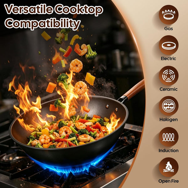 13'' Carbon Steel Wok, 12 Piece Wok Pan & Stir-Fry Pans Set with Lid | No Chemical Coated Flat Bottom Chinese Wok Pan5