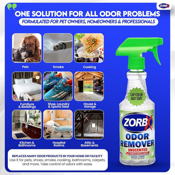 ZORBX Unscented Odor Eliminator for Strong Odor 16 Fl Oz - Used in Hospitals & Healthcare Facilities - Advanced Trusted Formula, Fast-Acting Odor Remover Spray for Dog, Cat, House & Carpet | Permanent Odor Remover for Pet & Human Urine, Smoke & Strong Odors, Carpet, Upholstery, Mattress, Bathroom, Car & More4