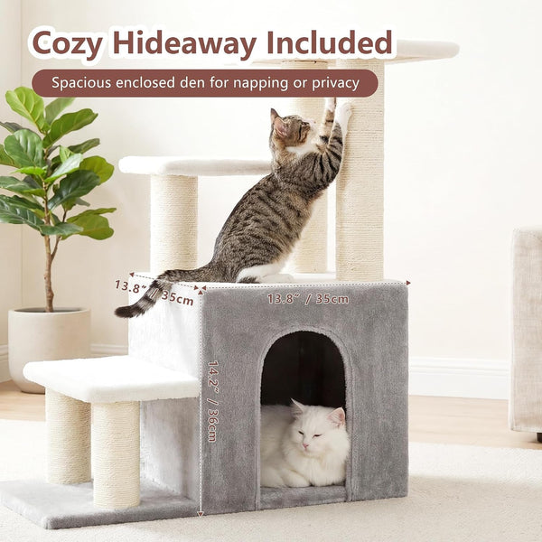 Heybly Cat Scratching Post, Pet Steps for Indoor Cats and Dogs, HSP002SWWH | Small Cat Tree with Cat Condo, Pet Stairs with Full Wrapped Sisal Posts & Soft Plush Fabric, Light Gray & White4