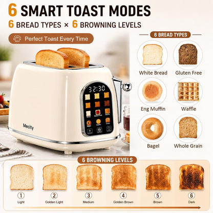 Toaster 2 Slice, Touch Screen Wide Slot Retro Toaster for Breads Bagel Muffin Waffle, House Warming Gift New Home, 120V 825W, Cream Color2