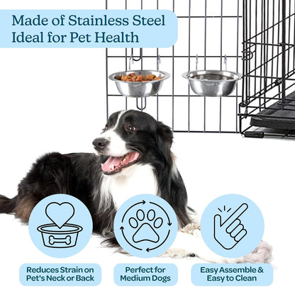 Set of 2 Stainless-Steel Dog Bowls - Cage, Kennel, and Crate Hanging Pet Bowls for Food and Water - 20Oz Each and Dishwasher Safe by Petmaker,Silver3