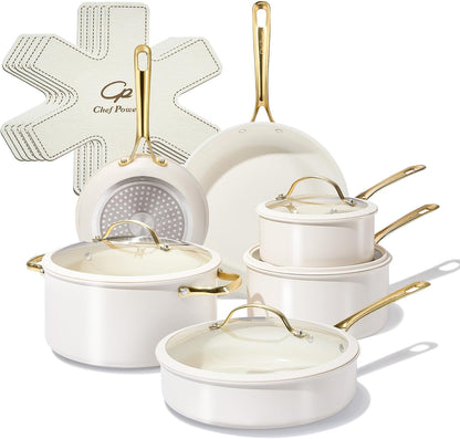 Ceramic Cookware Sets, 15Pcs Pots and Pans Set Non Stick, Cookware Set with Stainless Steel Handle, Dishwasher & Oven Safe, Cream White and Light Gold Handle1