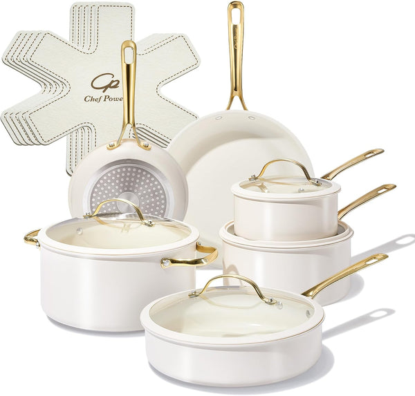 Ceramic Cookware Sets, 15Pcs Pots and Pans Set Non Stick, Cookware Set with Stainless Steel Handle, Dishwasher & Oven Safe, Cream White and Light Gold Handle1