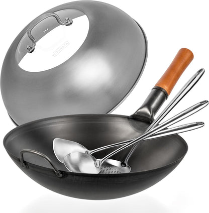Carbon Steel Wok Pan - 14 “ Woks and Stir Fry Pans plus 17" Wok Spatula and Ladle Skimmer Spoon plus Wok Lid 13.6 Inch1
