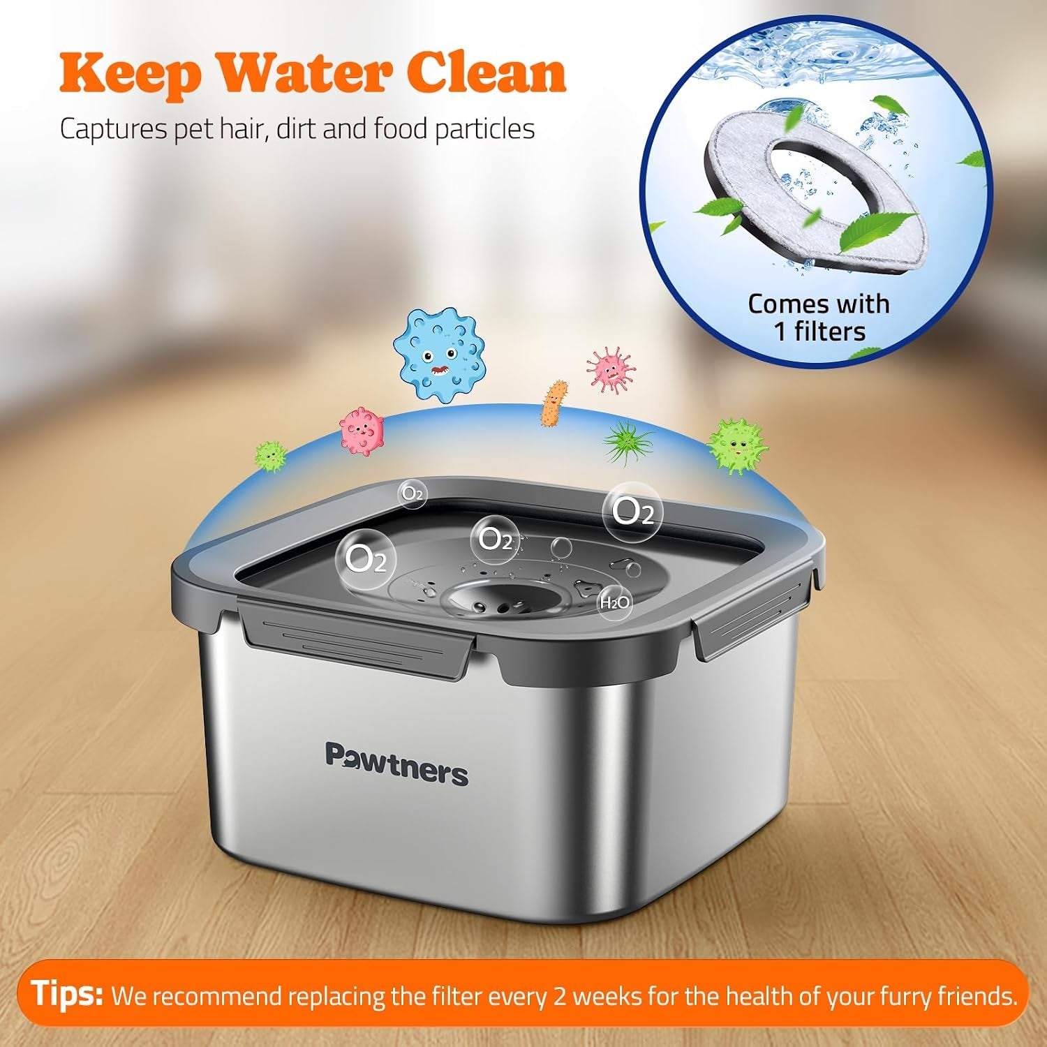 pawtners-stainless-steel-dog-water-bowl-no-spill-152oz-4-5l-grey-slow-water-bowl-for-dog-with-filter-non-slip-base-no-splash-water-bowl-for-medium-large-messy-drinkers