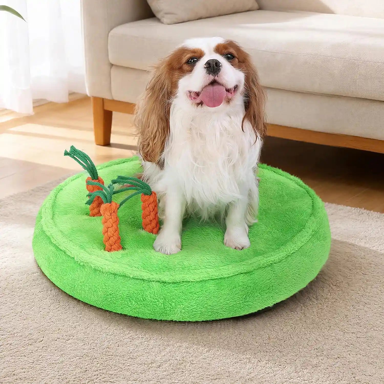 ksiia-puppy-bed-for-small-dogs-28-inch-washable-calming-plush-round-dog-bed-with-carrot-chew-toy-orthopedic-support-anti-anxiety-non-slip-base-for-puppies-cats-green