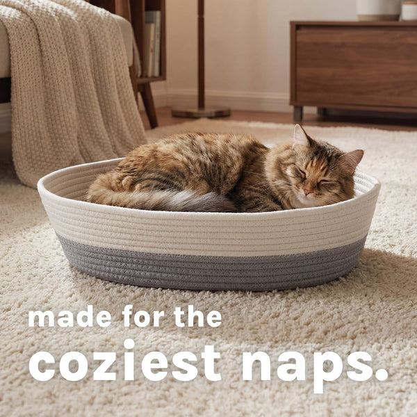 Kitty City Woven Cat Bed with Removable Washable Cushion, Cozy Braided Rope Indoor Cat Bed with Natural Catnip, Warm round Cat Bed for Small to Medium Cats, 14” X 19" - White/Grey4
