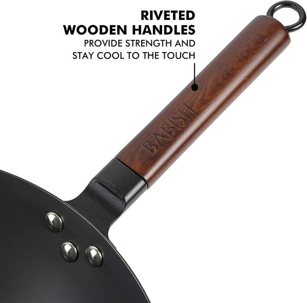 Carbon Steel Wok 14 Inch Flat Bottom Stir Fry Pan Durable Heavy Duty Cookware for High Heat Cooking Stir Fry Sautéing Frying Compatible with Gas Electric and Induction Stovetops3