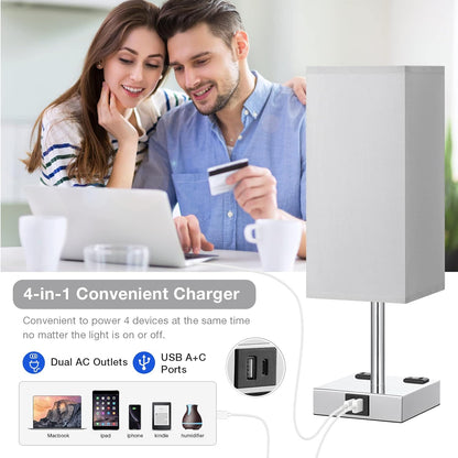 Touch Bedside Table Lamp for Bedroom - Dimmable, USB C+A, 2 AC Outlets | 3-Way Dimming, 3000K Bulb Included, Square Grey Lampshade and Silver Base, Desk Lamp for Nightstand, Living Room, Dorm3
