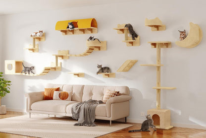 9-In-1 Cat Wall Shelves, Cat Wall Furniture Set with Bridge, Beige | Wall Mounted Cats Shelf for Space-Saving, Multi-Level Cat Climbing Systems for 16 Inch Drywall, with Scratching Posts, Condos11