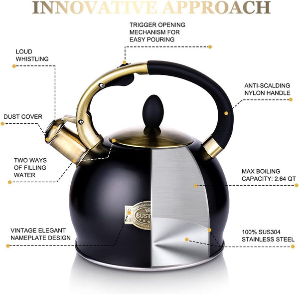 Whistling Tea Kettle, 2.7QT Food-Grade Steel Teapot, BLACK | Tea Pot for Stove with Ergonomic Handle, with 1 Silicone Pinch Mitt, for Induction, Gas, Electric, Radiant Cooktops2