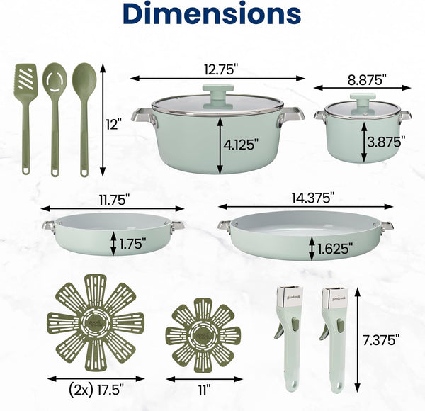Ceramic Cookware Set with Removable Handles, Sage Green | Set Includes 2-Qt Saucepan, 9.5 & 12-In. Fry Pans, 4-Qt Dutch Oven, 2 Lids & 2 Removable Handles; Induction & Oven Safe5