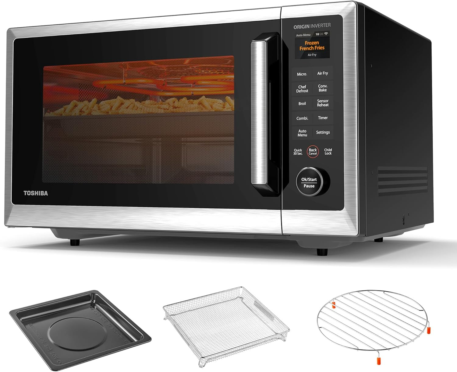 optichef-pro-max-air-fryer-combo-microwave-oven-1-3-cu-ft-1100w-2-4-inch-color-screen-origin-inverter-technology-smart-microwave-sensor-compatible-with-alexa-countertop-silver