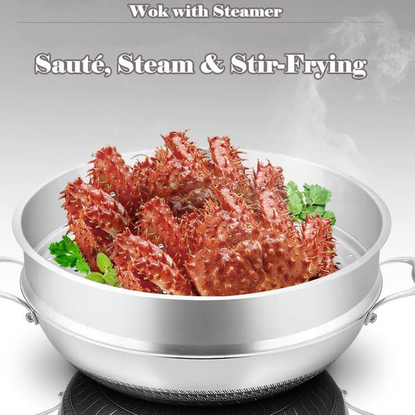 Tri-Ply Stainless Steel Wok Pan with Lid and Steamer Basket,Hybrid Woks & Stir-Fry Pans Nonstick with Double Handles,Induction Large Saute Pan Deep Frying Pan,17.3Inch Wok with Steamer5