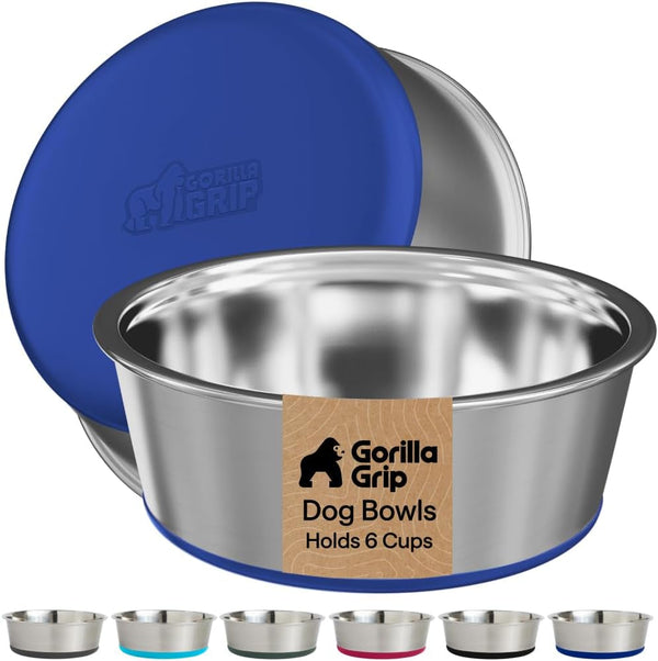 GORILLA GRIP Dog Bowls, Food Grade 304 Stainless Steel, Holds 2 US Cups Each (16 Fl Oz) Food and Water Bowl for Feeding Dogs and Cats, Dishwasher Safe, Rust Resistant BPA Free Rubber Base, 2 Set Black39