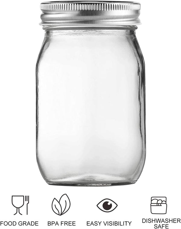 Glass Mason Jars, 16Oz Regular Mouth Canning Jar with Airtight Lids, 4 Pack | Small Sealing Containers, Glass Jars, Durable Clear Glass Material, for Food Storage, Overnight Oats, Meal Prep, Candy4