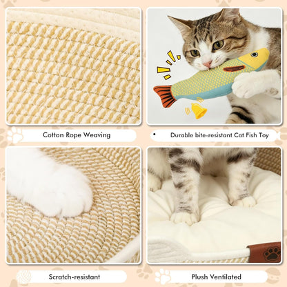 XPIY Stimulicat Handwoven Cat Basket with Fish Toy, Instinct Kitten Bed | Made of Natural Cotton Rope with a Washable Cushion. Breathable, Scratch-Resistant Pet Nest for Year-Round Comfort4