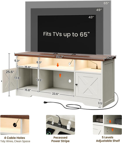 TV Stand for 65 Inch TV, Entertainment Center, White | Farmhouse Entertainment Center, Power Outlet & LED Light, Storage Cabinets, Media Furniture for Living Room, Bedroom3