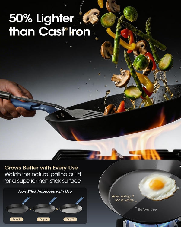 10 Inch Carbon Steel Frying Pan, Nitrided Preseasoned Skillet | Natural Patina Development with No Chemical Coating; Versatile Size for Daily Cooking & High-Heat Searing5