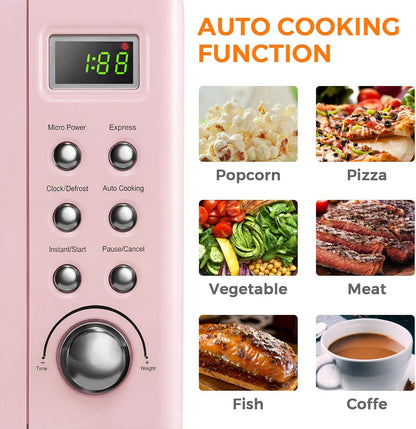0.7Cu.Ft Retro Small Microwave Oven, 700W Compact Countertop Microwave with 5 Power Levels, Auto Cooking Menus, Glass Turntable, Child Lock & Glass Turntable for Apartment, Dorm (Pink)2