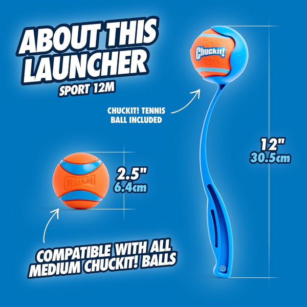 Chuckit! Dog Ball Launcher 12M Sport with 12" Handle Length for Medium 2.5" Dog Balls for Dogs 20-60 Lb, Plastic Pet Fetch Ball Thrower, Perfect for Kids, Made in USA, Blue7