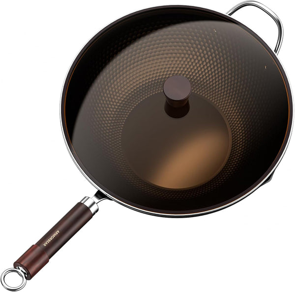 Carbon Steel Wok Pan, Tripole Nitrided Pre-Seasoned Flat Bottom Woks & Stir-Fry Pans Nonstick, Chinese Wok with Glass Lid for All Stovetops, Gift for Chef - 13.4 Inch1