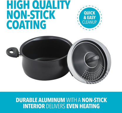 5.5-Quart Nonstick Aluminum Pasta Pot with Strainer Lid and Handles, Pfoa-Free Nonstick Oval Cooking Pot and Lid, Black4