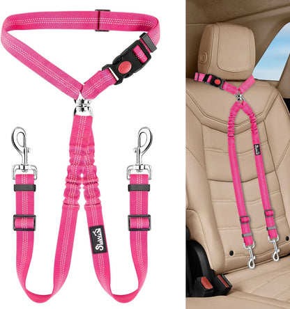Lukovee Double Dog Seat Belt, Dual Pet Car Headrest Restraint Safety Seatbelt No Tangle Dog Leash Duty Adjust Elastic Bungee Puppy Lead Splitter Connect Harness in Vehicle Travel for 2 Dogs,Black13