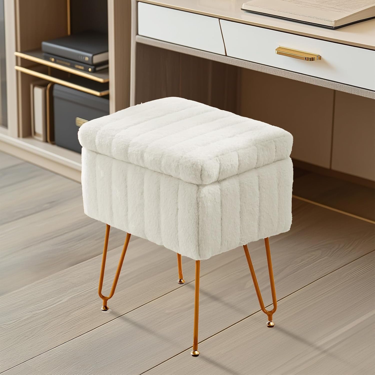 vanity-stool-chair-with-storage-ottoman-faux-fur-soft-padded-makeup-footstools-seat-with-4-metal-legs-anti-slip-adjustable-feet-modern-cute-small-footrest-for-home-entryway-bedroom-white