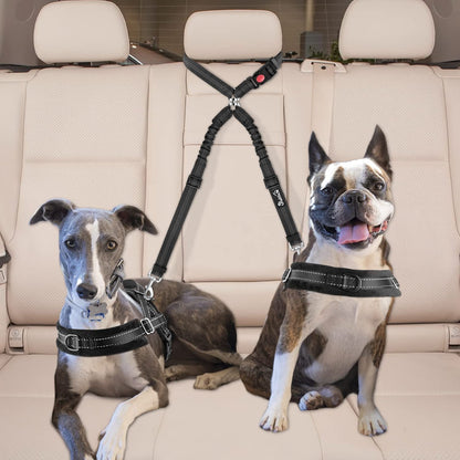 Lukovee Double Dog Seat Belt, Dual Pet Car Headrest Restraint Safety Seatbelt No Tangle Dog Leash Duty Adjust Elastic Bungee Puppy Lead Splitter Connect Harness in Vehicle Travel for 2 Dogs,Black7
