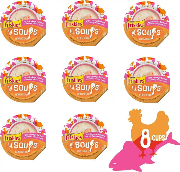 Purina Friskies Grain Free Lickable Cat Food Toppers Lil’ Soups with Sockeye Salmon in Chicken Broth - (Pack of 8) 1.2 Oz. Cups3