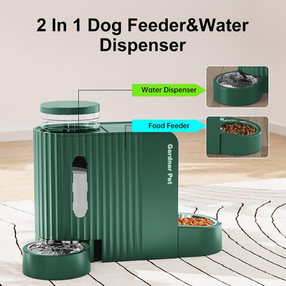 Gardner Pet Automatic Gravity Pet Feeder, 0.8 Gallons*2 Dog Feeder and Water Dispenser Set 100% Bpa-Free, 2-In-1 Gravity Feeder with Stainless Steel Bowl for Dogs, Cats, Rabbits, Puppies (Green)2