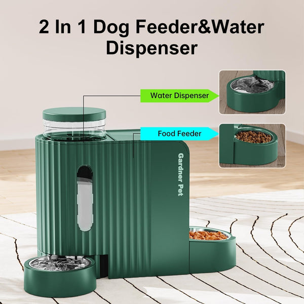 Gardner Pet Automatic Gravity Pet Feeder, 0.8 Gallons*2 Dog Feeder and Water Dispenser Set 100% Bpa-Free, 2-In-1 Gravity Feeder with Stainless Steel Bowl for Dogs, Cats, Rabbits, Puppies (Green)2