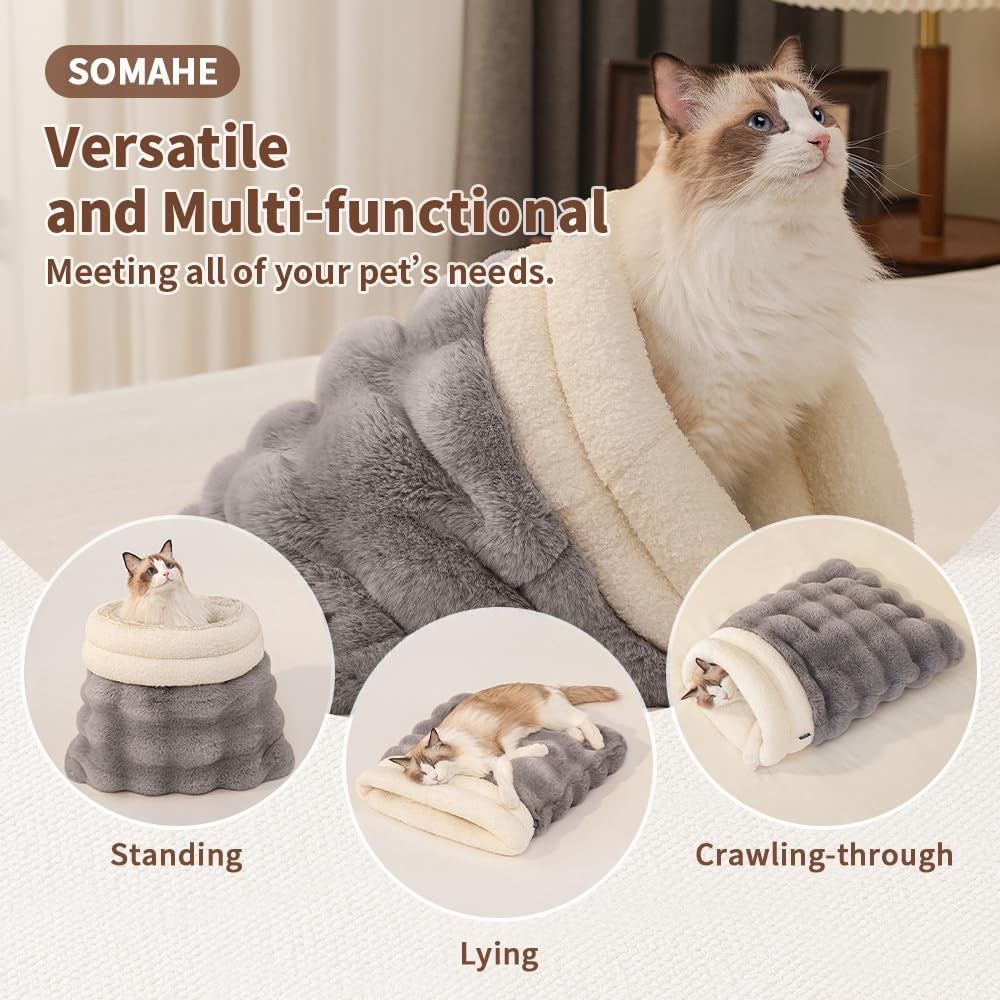 somahe-cat-sleeping-bag-for-indoor-cats-faux-fur-pet-cave-bed-burrow-nest-reversible-plush-snuggle-sack-portable-foldable-mat-machine-washable-anti-static-21-7x17-7grey